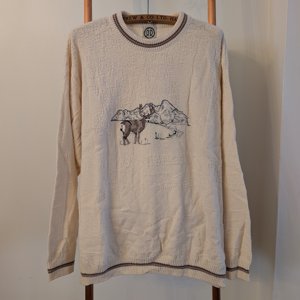 Cream Sweater with Deer & Mountain Design (R&R), Vintage 90's (Unworn)